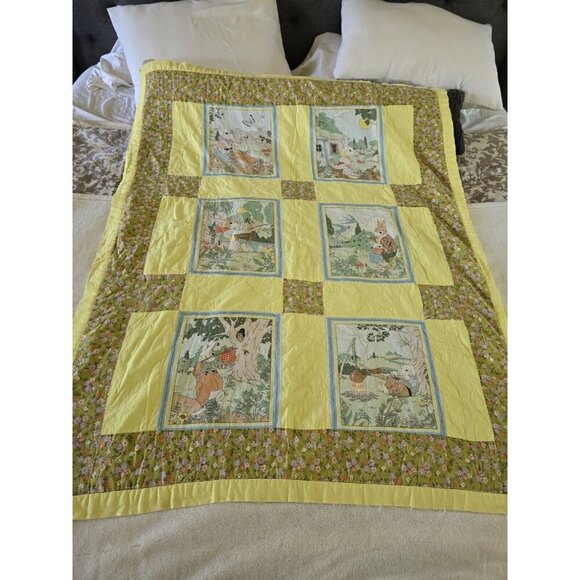 Vintage Beatrix Potter Peter Rabbit Baby Quilt Nursery Crib Blanket Yellow 57x44 - Picture 1 of 9